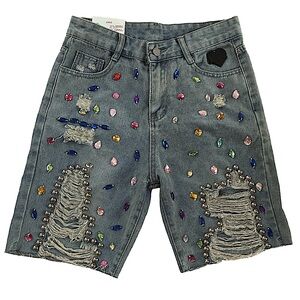 maximalist bedazzled colorful gemstone glam grunge bling Jean shorts NWT LG